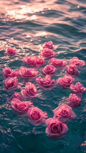 The fancy pink sea, Pink roses are sprinkled all over floating on the sea ,arranged into heart shape. taken from a close overlooking angle using a Canon EOS R5 camera with a standard lens