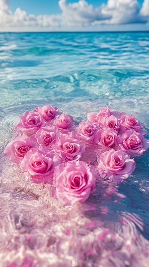 The fancy pink sea, Pink roses are sprinkled all over floating on the sea ,arranged into heart shape. taken from a close overlooking angle using a Canon EOS R5 camera with a standard lens