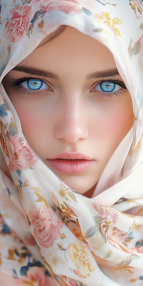 A woman with blue eyes and a floral-patterned headscarf. Plain white background, soft focus effect on the scarf. Pastel shades of pink, yellow, and white, creating a gentle atmosphere. Digital art with a realistic style.