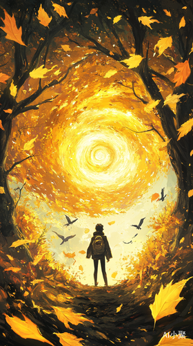 Adventurer Amidst Yellow Maple Leaves and Whirling Tornado Elements