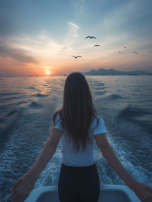 a girl wearing a black skirt and white t-shirt, holding hands with her boyfriend on a yacht in d pier of lingshan sea park in quanzhou city, china at sunset. the sea is calm, there are some birds flying around, she has long hair with bangs hanging down, in the style of photo realism, the photo taken with a canon camera from behind view. ar 9:16 iw 1.6 v 6