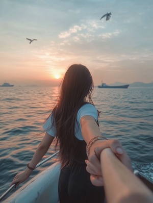 a girl wearing a black skirt and white t-shirt, holding hands with her boyfriend on a yacht in d pier of lingshan sea park in quanzhou city, china at sunset. the sea is calm, there are some birds flying around, she has long hair with bangs hanging down, in the style of photo realism, the photo taken with a canon camera from behind view. ar 9:16 iw 1.6 v 6