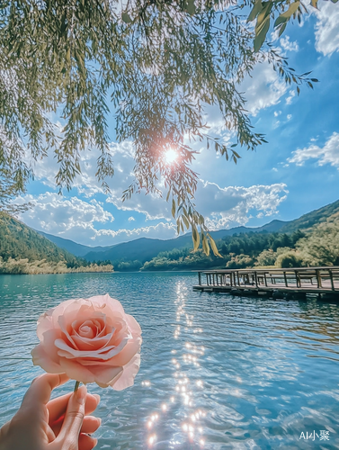 Lijiang Lake Serenity A Pink Rose Against Nature's Canvas