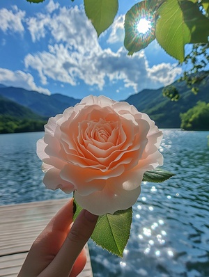 a pink rose is held in hand, floating above the water of lijiang lake under a blue sky and white clouds. the sun shines on it through a tree with lush leaves. there is an empty wooden dock by the lakeside. in front of me lie mountains covered with green trees, creating a beautiful scenery. this photo was taken using a mobile phone camera in the style of . ar 2:3 v 6.1