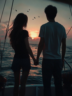 a girl wearing a black skirt and white t-shirt, holding hands with her boyfriend on a yacht in d pier of lingshan sea park in quanzhou city, china at sunset. the sea is calm, there are some birds flying around, she has long hair with bangs hanging down, in the style of photo realism, the photo taken with a canon camera from behind view. ar 9:16 iw 1.6 v 6