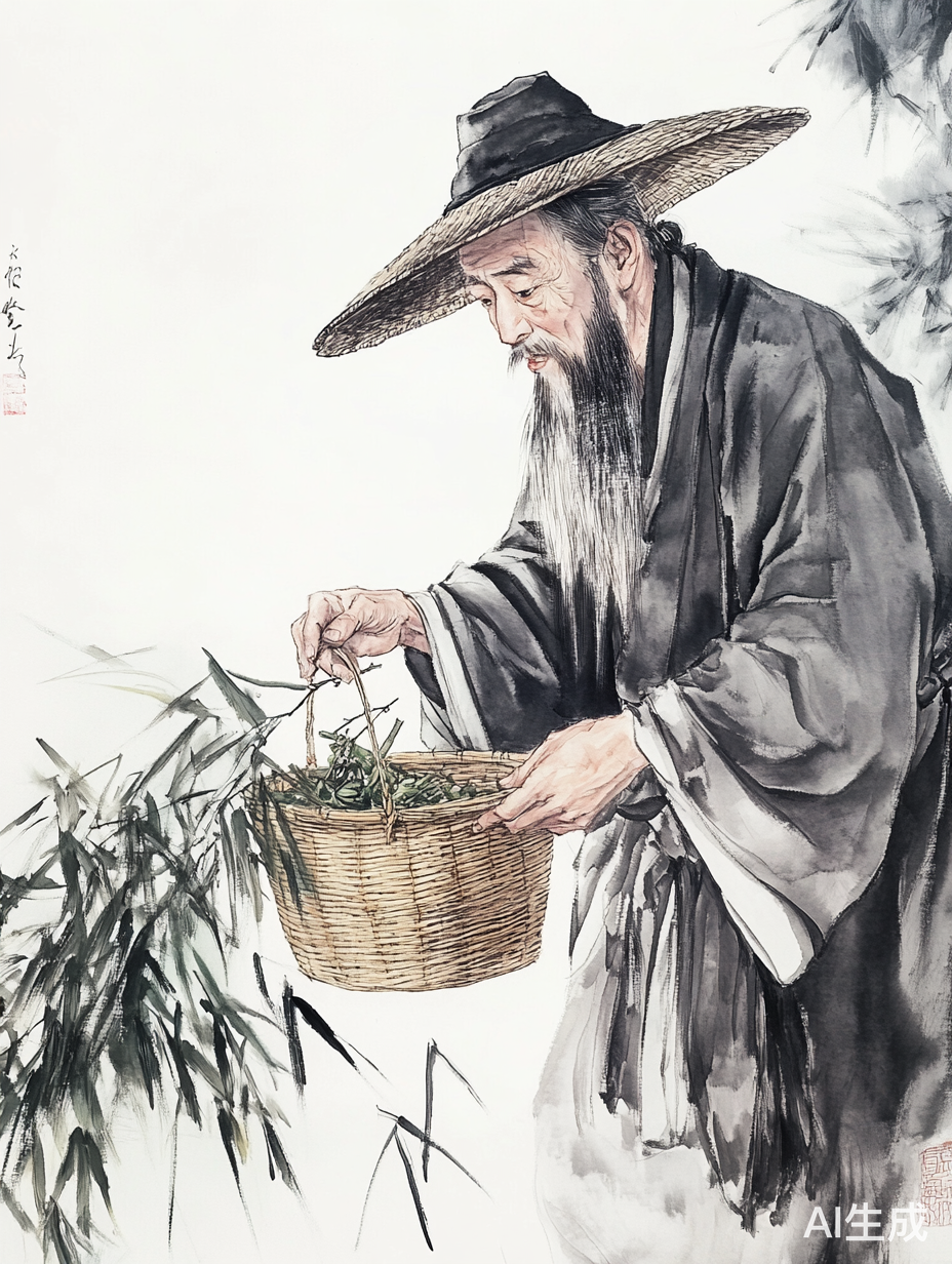 国潮风中采药的传统老人