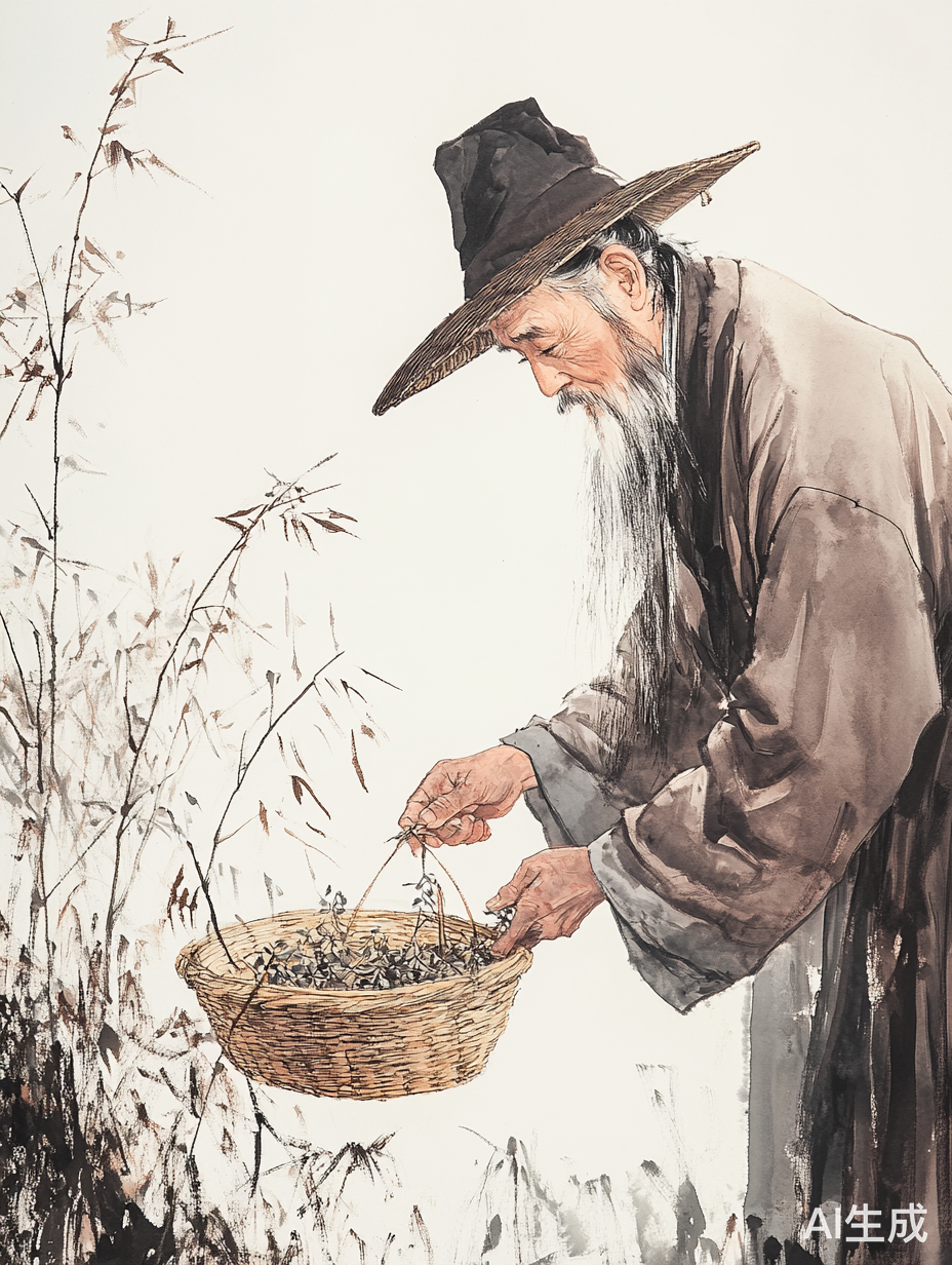 国潮风中采药的传统老人