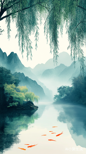 国风山水画卷中的波光翠影与锦鲤嬉戏