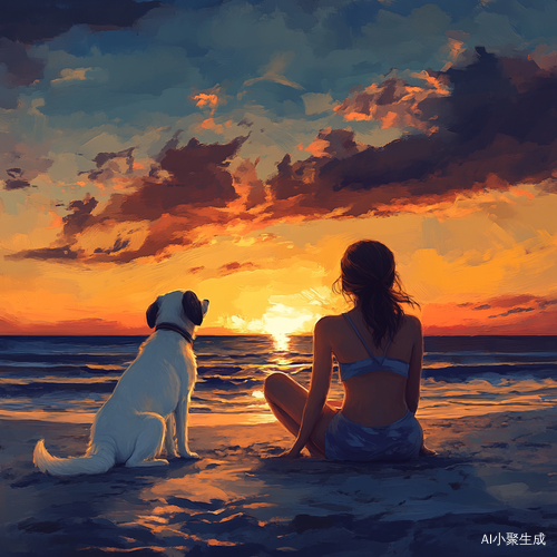 海边日落下的唯美背影与狗狗的静谧时刻
