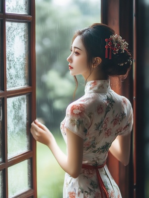 初秋细雨与旗袍美女的静谧时光