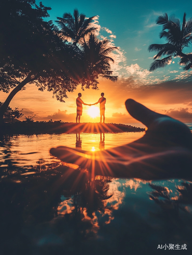 梦幻现实主义夕阳倒影与剪影摄影的温暖时刻