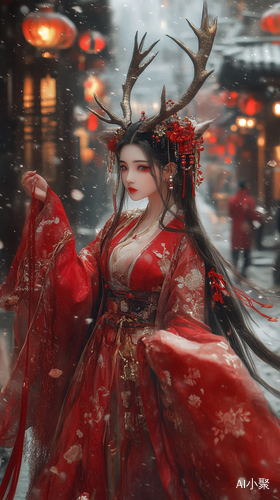 传统中国风吉祥画面九色鹿与汉服少女的壮丽新年景象