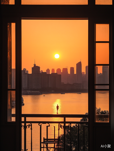 清晨上海阳台上的日落美景与城市风光