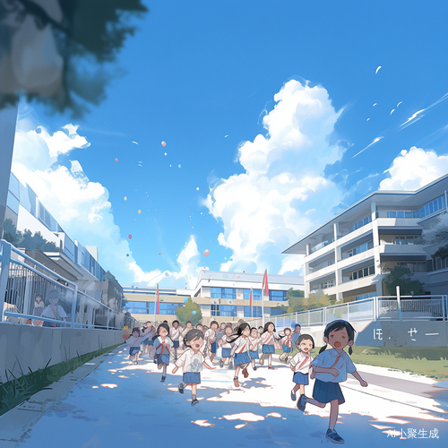 操场奔跑的学生与蓝天白云教学楼