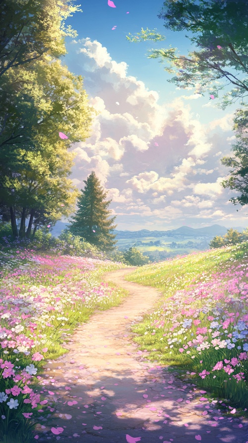 A meadow with colorful flowers, grass and trees in the background, a path leading to an open field under a blue sk with white clouds and sunlight, the scen s in the style of japanese anime, with soft colors and a dreamy atmosphere, in front of it, some pink petals lie on top of the road, appearing very small and creating abeautiful contrast between large and tiny objects, this creates a peaceful and idyllic natural landscape with a wide-angle perspective ar 9:16s 350 niji 6