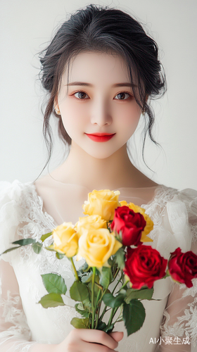 美丽中国女子穿乳白连衣裙手握黄红玫瑰微笑
