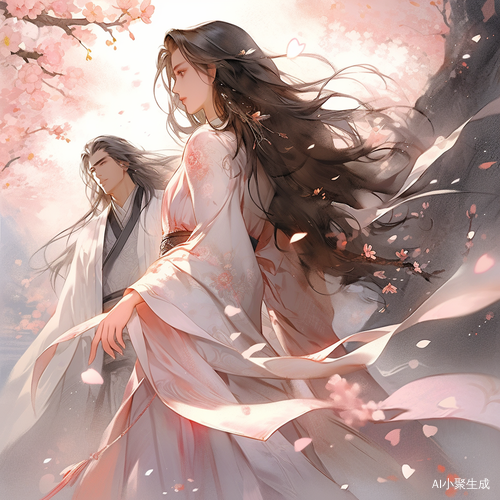 黑袍英俊男子与白裙美女在桃林飞舞的奇幻场景