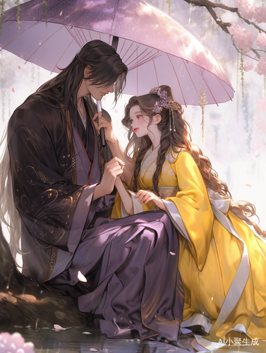 美丽女孩与高大爱人雪中相伴的浪漫画面