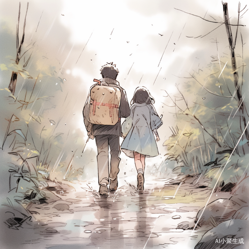 乡间小路上男生女生漫步淋雨的浪漫画面