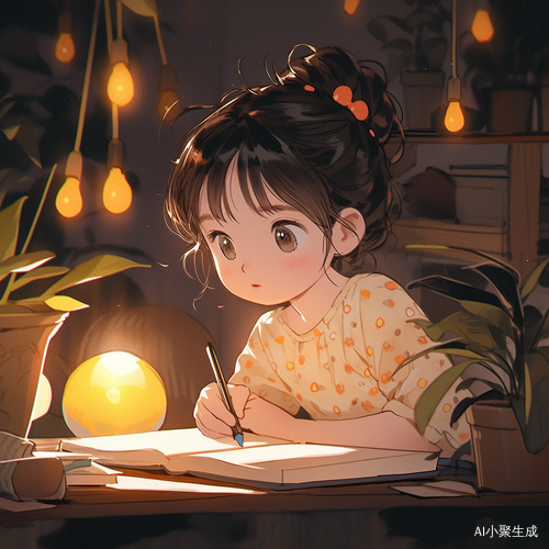 充满青春活力的卡通插画小女孩在夜景中阅读