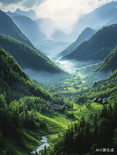 梦幻山谷中的治愈小木屋与溪流阳光