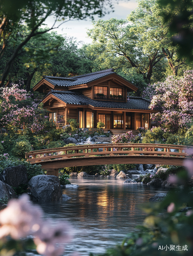 日式木屋与自然和谐共生的宁静场景