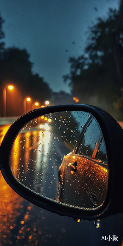 夜晚雨中行驶汽车镜子角度摄影