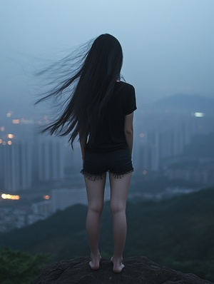 A Chinese girl with long black hair stands on the top of Shenzhen Mountain, wearing short sleeves and shorts in dark , overlooking distant cities. Her figure is gracefully against her backdrop. The wind blows up her skirt as she gazes into the distance, creating an atmosphere filled with mystery. in the style of . A Chinese girl with long black hair stands on the top of Shenzhen Nanshan Mountain, wearing short sleeves and shorts in dark , with city buildings visible behind her. Her figure is fully displayed