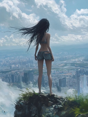 A Chinese girl with long black hair stands on the top of Shenzhen Mountain, wearing short sleeves and shorts in dark , overlooking distant cities. Her figure is gracefully against her backdrop. The wind blows up her skirt as she gazes into the distance, creating an atmosphere filled with mystery. in the style of . A Chinese girl with long black hair stands on the top of Shenzhen Nanshan Mountain, wearing short sleeves and shorts in dark , with city buildings visible behind her. Her figure is fully displayed