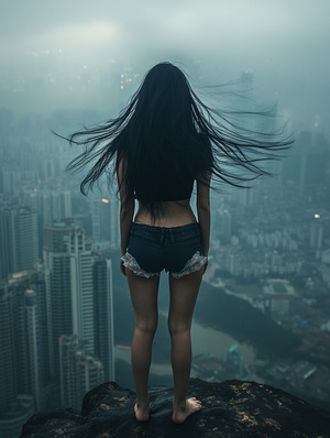 A Chinese girl with long black hair stands on the top of Shenzhen Mountain, wearing short sleeves and shorts in dark , overlooking distant cities. Her figure is gracefully against her backdrop. The wind blows up her skirt as she gazes into the distance, creating an atmosphere filled with mystery. in the style of . A Chinese girl with long black hair stands on the top of Shenzhen Nanshan Mountain, wearing short sleeves and shorts in dark , with city buildings visible behind her. Her figure is fully displayed