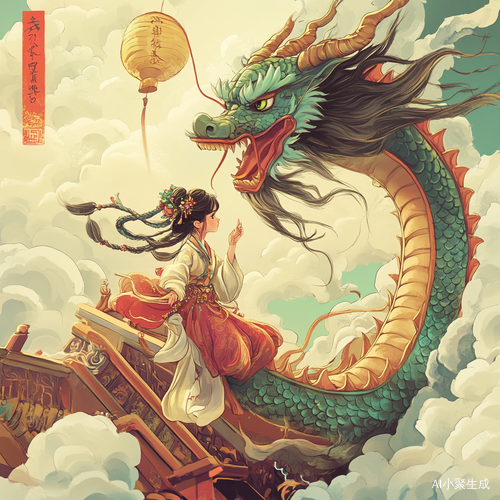 中国女孩骑龙舞动于空中的插画风格