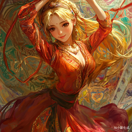 金发女孩穿红古风服装在五彩舞台翩翩起舞