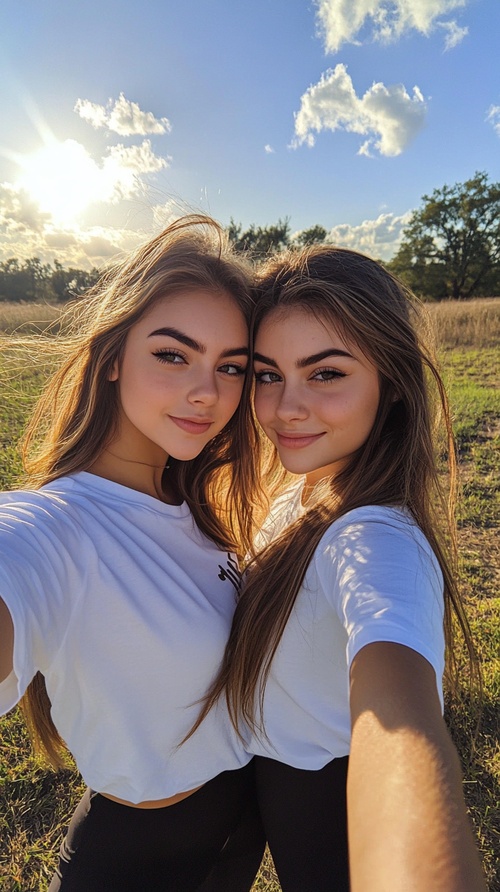 2️⃣ A photo of two beautiful girls taking selfies for the camera, wearing white T-shirts and black leggings on their cell phones, with outdoor scenery in the background, posted to facebook in summer 2035, with an iPhone 7R camera, ultra-high definition resolution, natural light, and clear details. in the style of . ar 57:128