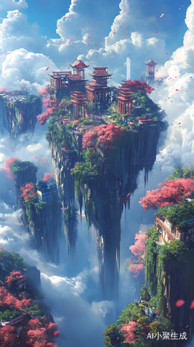 悬浮花园城市的中式建筑和梦幻蓝天