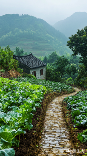 细雨轻洒下的生机盎然菜园与宁静山景