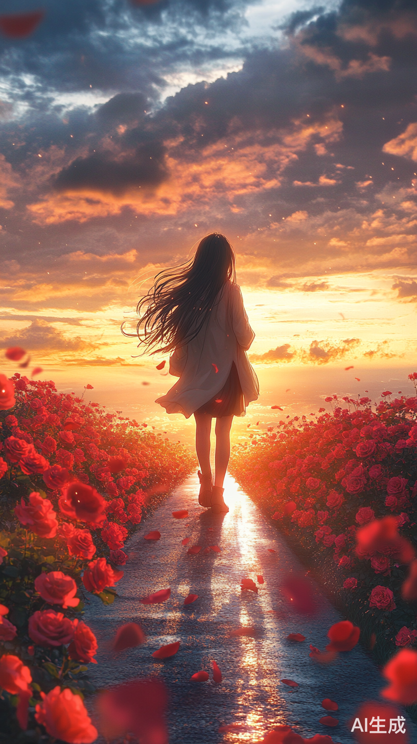 清晨阳光洒下的公路旁玫瑰花海中的长发女孩