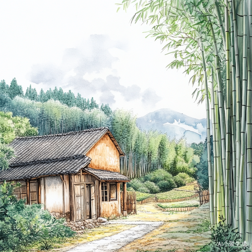 农村土墙房与山森林的美丽景色
