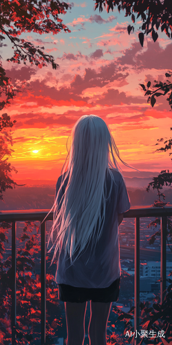 白发异瞳少年在高架桥上欣赏夕阳