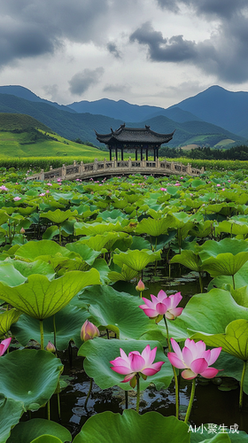 荷塘荷花与绿植桥流淌的自然风景