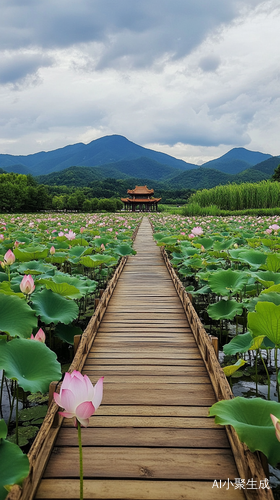 荷塘荷花与绿植桥流淌的自然风景