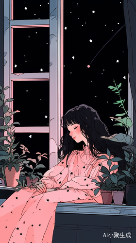 女孩穿粉色睡裙数星星的插画
