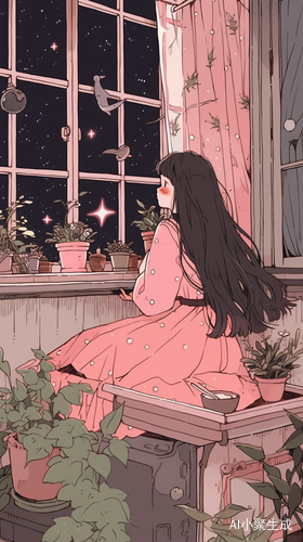 女孩穿粉色睡裙数星星的插画
