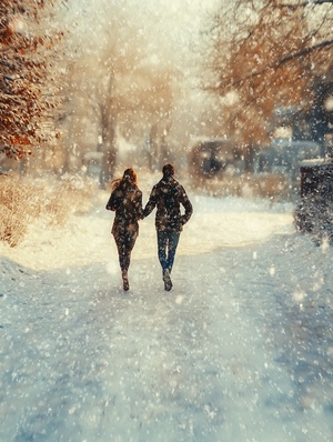 couple running hand in hand, tree snow, blurry feeling, a detailed matte painting, inspired by hallsteinn sigurğsson video art, google glass, google maps street view, super detail image quality clear 8k image quality sigma 1 0 - 2 0 mm, color grade ar 1:1 iw 2 v 5.2