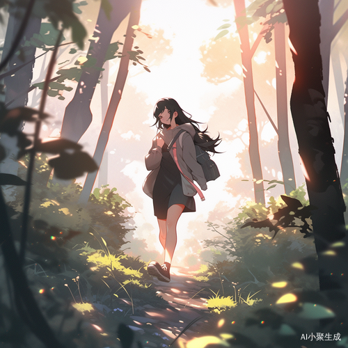 春天阳光下高瘦女孩走路浅笑的瞬间