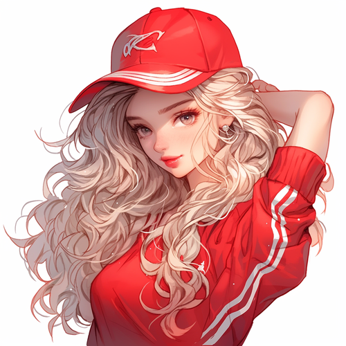红色大波浪卷发女孩戴棒球帽的纯白背景