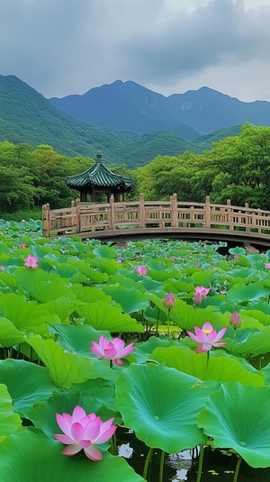 几棵荷花在荷塘上绽放,流水在中国建筑风格的绿植扎成的龚桥中流淌,。前方是无垠的绿色草原,周围环绕着起伏的山脉。照片采用高分辨率,通过手机拍摄的旅游照片呈现自然风景之美。