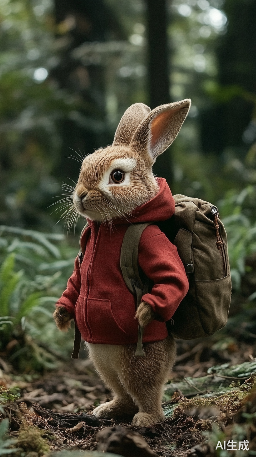彼得兔在森林中穿红色帽衫背双肩包