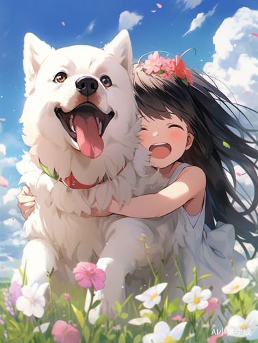女孩与可爱萨摩耶犬的夏日乐章