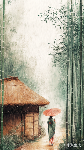 竹林雨中漫步的古装女子与草药小屋