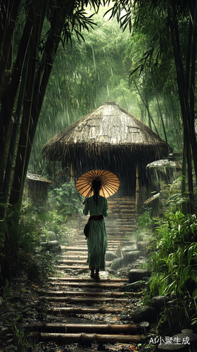 竹林间的茅草小屋与古装女子的伞影